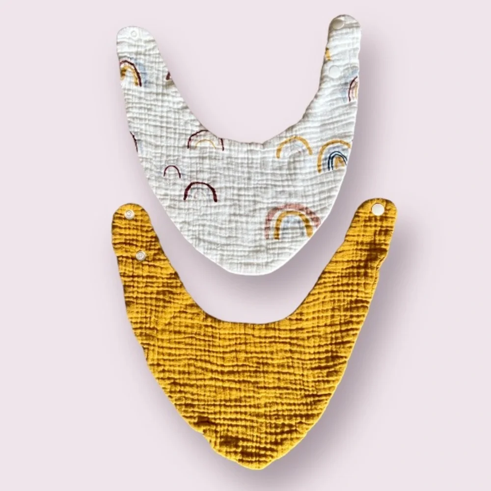 Set of 2 Double Gauze Bandana Bibs in Mustard and Neutral Rainbow Print